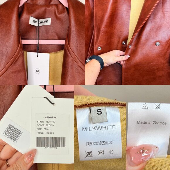 NWT Milk White Faux Leather Oversized Brown Cognac Long Trench Coat Jacket Small - Picture 12 of 15